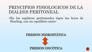 En los capilares peritoneales rigen las leyes de
Starling, con un equilibrio entre:
PRESION HIDROSTÁTICA
PRESION ONCÓTICA
 