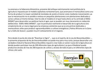 La amenaza a la Soberania Alimenticia, proviene del enfoque extrictamente mercantilista de la
agricultura impuesta por el modelo capitalista norteamericano, que promueve el monocultivo como una
forma de producir la mayor cantidad de toneladas de aceite al menor costo mediante mecanización; ya
que la mecanización no es posible o exitosa en pequeñas plantaciones o en plantaciones dedicadas a
varios cultivos al mismo tiempo. Este ha sido el modelo en el que hasta ahora se ha centrado el MAG-
MINAET para desarrollar sus politicas hacia el agro, que se pueden ver muy claramente en redacción
delDecretos  35091-MAG-MINAET ; que no promueve realmente el desarrollo de la agricultura sino
simplemente de un marco legal para las empresas existentes que ya se encuentran dedicadas a
monocultivos utiles para producir agrocombustibles o cultivos energéticos ( Palma Africana en la Zona
Sur y Caña de Azúcar ), puedan incurrir exitosamente en el negocio.
Pero desde el punto de vista de “Reactivar el Agro” , - que es el espiritu de la Ley de Biocombustibles - ,
la presente propuesta de ley de biocombustibles se queda muy pero muy corta, porque desarrollar una
verdadera Industria Nacional Biocombustibles requiere crear todo un sector nuevo de la Agricultura en
donde pueden participar mas de 200 diferentes tipos de agricultores ( ya que el Biodiesel puede
producirse atravez de mas de 200 especies de cultivo ); atravez de todo el país y en diferentes tipos de
climas y de suelo.
 