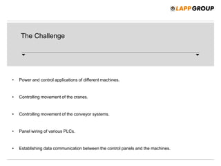The Challenge
• Power and control applications of different machines.
• Controlling movement of the cranes.
• Controlling movement of the conveyor systems.
• Panel wiring of various PLCs.
• Establishing data communication between the control panels and the machines.
 