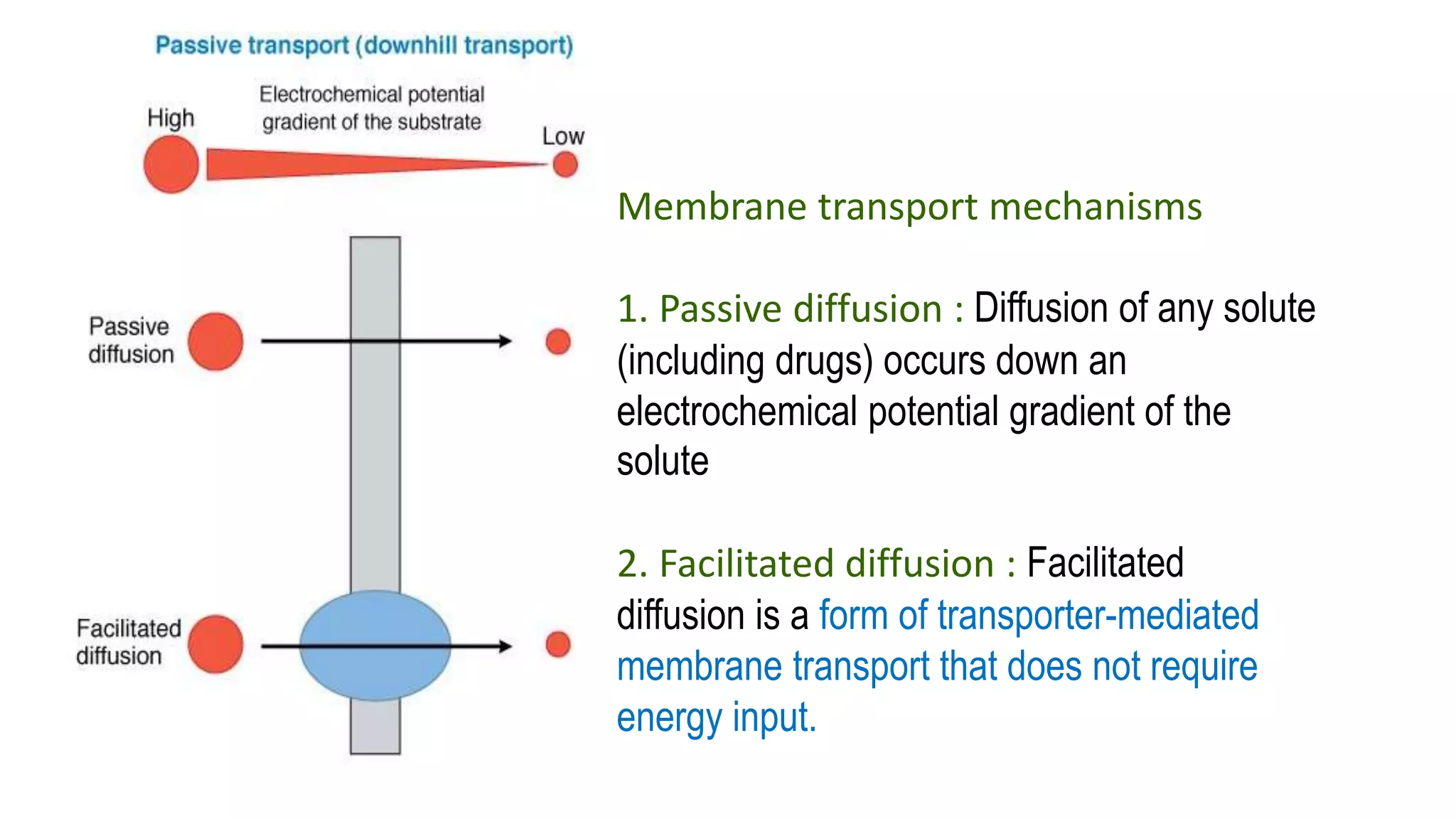 Membrane transport mechanisms
1. Passive diffusion : Diffusion of any solute
(including drugs) occurs down an
electrochemical potential gradient of the
solute
2. Facilitated diffusion : Facilitated
diffusion is a form of transporter-mediated
membrane transport that does not require
energy input.
 