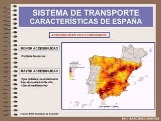 SISTEMA DE TRANSPORTE  CARACTERÍSTICAS DE ESPAÑA Prof. ISAAC BUZO SÁNCHEZ Predominio del tráfico por carretera en los desplazamientos de pasajeros y mercancías  (debido a la accesibilidad y coste bajo de este medio). 