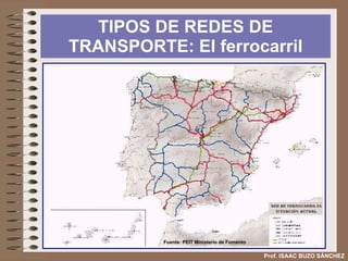 TIPOS DE REDES DE TRANSPORTE: La carretera Prof. ISAAC BUZO SÁNCHEZ e)  Desequilibrios territoriales:   Densidad : mayor en las comunidades más desarrolladas (Madrid, Cataluña y Comunidad Valenciana), en las que presentan población dispersa y relieve accidentado (Cornisa Cantábrica y Galicia), Canarias y Baleares; menor en las que tienen mejor desarrollo económico, poblamiento concentrado y distancias grandes entre núcleos. (Extremadura, Aragón, ambas Castillas y Andalucía). Intensidad:  Elevada en los corredores transversales (mediterráneo, cantábrico y del Ebro) y en los primeros 100 km de las nacionales radiales a partir de Madrid. Accesibilidad:  más altas en las zonas industriales y turísticas y menos en las zonas de interior y fronterizas. 