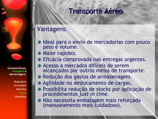 Características,  vantagens  e desvantagens: Rodoviário Ferroviário Marítimo Aéreo Oleodutos Vantagens: Ideal para o envio de mercadorias com pouco peso e volume. Maior rapidez. Eficácia comprovada nas entregas urgentes. Acesso a mercados difíceis de serem alcançados por outros meios de transporte. Redução dos gastos de armazenagem. Agilidade no deslocamento de cargas. Possibilita redução de stocks por aplicação de procedimentos  just in time . Não necessita embalagem mais reforçada (manuseamento mais cuidadoso). Transporte Aéreo 