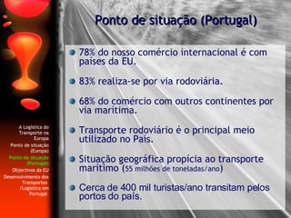 78% do nosso comércio internacional é com países da EU. 83% realiza-se por via rodoviária. 68% do comércio com outros continentes por via marítima. Transporte rodoviário é o principal meio utilizado no País. Situação geográfica propícia ao transporte marítimo ( 55 milhões de toneladas/ano ) Cerca de 400 mil turistas/ano transitam pelos portos do país. Ponto de situação (Portugal) A Logística do Transporte na Europa Ponto de situação (Europa) Ponto de situação (Portugal) Objectivos da EU Desenvolvimento dos Transportes  /Logística em Portugal   