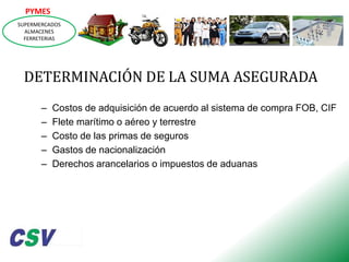 PYMES
SUPERMERCADOS
ALMACENES
FERRETERIAS

DETERMINACIÓN DE LA SUMA ASEGURADA
–
–
–
–
–

Costos de adquisición de acuerdo al sistema de compra FOB, CIF
Flete marítimo o aéreo y terrestre
Costo de las primas de seguros
Gastos de nacionalización
Derechos arancelarios o impuestos de aduanas

 