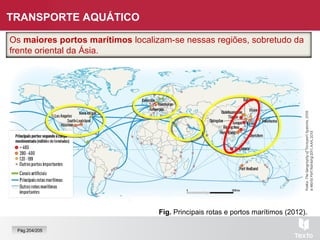 TRANSPORTE AQUÁTICO
Fig. Principais rotas e portos marítimos (2012).
As principais rotas marítimas ligam a Europa Ocidental, América do
Norte, Médio Oriente e Ásia Oriental.
CC
CC
Os maiores portos marítimos localizam-se nessas regiões, sobretudo da
frente oriental da Ásia.
Pág.204/205
 