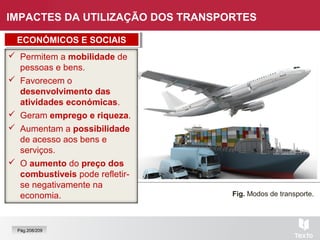 IMPACTES DA UTILIZAÇÃO DOS TRANSPORTES
ECONÓMICOS E SOCIAISECONÓMICOS E SOCIAIS
 Permitem a mobilidade de
pessoas e bens.
 Favorecem o
desenvolvimento das
atividades económicas.
 Geram emprego e riqueza.
 Aumentam a possibilidade
de acesso aos bens e
serviços.
 O aumento do preço dos
combustíveis pode refletir-
se negativamente na
economia.
Pág.208/209
Fig. Modos de transporte.
 