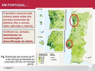 EM PORTUGAL…
Fig. Distribuição das centrais da PT
e dos serviços de televisão por
subscrição (STVS), em Portugal
(2012).
O território nacional está
coberto pelas redes dos
serviços essenciais de
telefone (fixo e móvel),
rádio, televisão e internet.
Verificam-se, contudo,
assimetrias na
concentração e
diversificação da oferta.
Pág.217
 