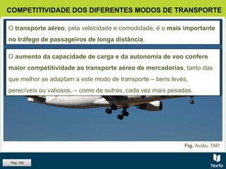 Fig. Avião, TAP.
COMPETITIVIDADE DOS DIFERENTES MODOS DE TRANSPORTE
O transporte aéreo, pela velocidade e comodidade, é o mais importante
no tráfego de passageiros de longa distância.
O aumento da capacidade de carga e da autonomia de voo confere
maior competitividade ao transporte aéreo de mercadorias, tanto das
que melhor se adaptam a este modo de transporte – bens leves,
perecíveis ou valiosos, – como de outras, cada vez mais pesadas.
Pág. 165
 