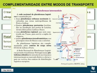 COMPLEMENTARIDADE ENTRE MODOS DE TRANSPORTE
DESLOCAÇÕES MAIS RÁPIDAS E MAIS ECONÓMICAS
Plataformas intermodais – infraestruturas (portos, aeroportos, terminais
ferroviários e rodoviários) onde se faz o transbordo de um modo de
transporte para outro.
O transporte intermodal ou multimodal associa vantagens e ajuda a
ultrapassar desvantagens próprias de cada modo de transporte.
Pág. 166/167
 