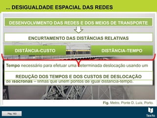Fig. Metro, Ponte D. Luís, Porto.
... DESIGUALDADE ESPACIAL DAS REDES
DISTÂNCIA-TEMPO
ENCURTAMENTO DAS DISTÂNCIAS RELATIVAS
Despesa efetuada numa determinada deslocação, usando um certo
modo/meio de transporte. Pode ser representada no mapa por isótimas –
linhas que unem pontos de igual distância-custo.
DISTÂNCIA-CUSTO
Tempo necessário para efetuar uma determinada deslocação usando um
certo modo/meio de transporte. Pode ser representada num mapa através
de isócronas – linhas que unem pontos de igual distância-tempo.
DESENVOLVIMENTO DAS REDES E DOS MEIOS DE TRANSPORTE
REDUÇÃO DOS TEMPOS E DOS CUSTOS DE DESLOCAÇÃO
Pág. 163
 