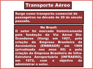Transporte Aéreo
Surge como transporte comercial de
passageiros na década de 20 do século
passado.
No Brasil:
O setor foi marcado historicamente
pela fundação da Via Aérea Rio-
Grandense (Varig) em 1927, pela
criação da Empresa Brasileira de
Aeronáutica (EMBRAER) em 1969
(privatizada nos anos 90) e pela
criação da Empresa Brasileira de Infra-
Estrutura Aeroportuária (INFRAERO),
em 1972, com o objetivo de
administrar o setor.
 