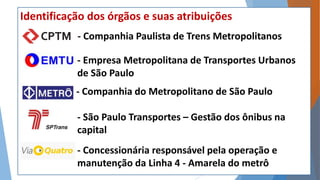 Identificação dos órgãos e suas atribuições 
- Companhia Paulista de Trens Metropolitanos 
- Empresa Metropolitana de Transportes Urbanos 
de São Paulo 
- Companhia do Metropolitano de São Paulo 
- São Paulo Transportes – Gestão dos ônibus na 
capital 
- Concessionária responsável pela operação e 
manutenção da Linha 4 - Amarela do metrô 
 