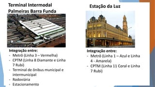 Estação da Luz 
Terminal Intermodal 
Palmeiras Barra Funda 
Integração entre: 
- Metrô (Linha 3 – Vermelha) 
- CPTM (Linha 8 Diamante e Linha 
7 Rubi) 
- Terminal de ônibus municipal e 
intermunicipal 
- Rodoviária 
- Estacionamento 
Integração entre: 
- Metrô (Linha 1 – Azul e Linha 
4 - Amarela) 
- CPTM (Linha 11 Coral e Linha 
7 Rubi) 
 