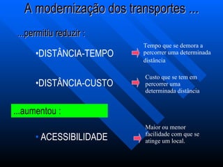 A modernização dos transportes  ... ...permitiu reduzir : DISTÂNCIA-TEMPO DISTÂNCIA-CUSTO ...aumentou : ACESSIBILIDADE Tempo que se demora a percorrer uma determinada distância   Custo que se tem em percorrer uma determinada distância Maior ou menor facilidade com que se atinge um local.  
