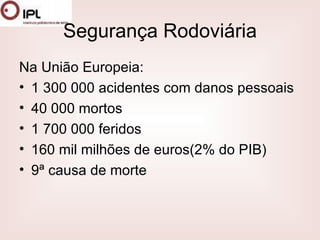 Segurança Rodoviária Na União Europeia: 1 300 000 acidentes com danos pessoais 40 000 mortos  1 700 000 feridos  160 mil milhões de euros(2% do PIB)  9ª causa de morte  