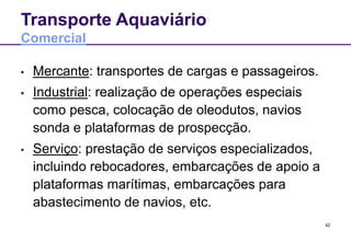 42
Transporte Aquaviário
Comercial
• Mercante: transportes de cargas e passageiros.
• Industrial: realização de operações especiais
como pesca, colocação de oleodutos, navios
sonda e plataformas de prospecção.
• Serviço: prestação de serviços especializados,
incluindo rebocadores, embarcações de apoio a
plataformas marítimas, embarcações para
abastecimento de navios, etc.
 