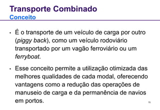 70
Transporte Combinado
Conceito
• É o transporte de um veículo de carga por outro
(piggy back), como um veículo rodoviário
transportado por um vagão ferroviário ou um
ferryboat.
• Esse conceito permite a utilização otimizada das
melhores qualidades de cada modal, oferecendo
vantagens como a redução das operações de
manuseio de carga e da permanência de navios
em portos.
 