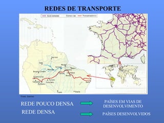 REDE POUCO DENSA REDE DENSA PAÍSES EM VIAS DE DESENVOLVIMENTO PAÍSES DESENVOLVIDOS REDES DE TRANSPORTE Fonte: Internet