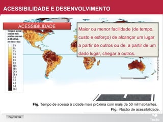 Fig. Noção de acessibilidade.
Pág.193/194
Maior ou menor facilidade (de tempo,
custo e esforço) de alcançar um lugar
a partir de outros ou de, a partir de um
dado lugar, chegar a outros.
ACESSIBILIDADE
ACESSIBILIDADE E DESENVOLVIMENTO
Fig. Tempo de acesso à cidade mais próxima com mais de 50 mil habitantes.
 