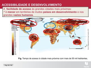 A facilidade de acesso às grandes cidades mais próximas:
é maior nas regiões mais povoadas e urbanizadas.
A facilidade de acesso às grandes cidades mais próximas:
é menor em territórios de muitos países em desenvolvimento e nos
grandes vazios humanos.
Fig. Tempo de acesso à cidade mais próxima com mais de 50 mil habitantes.
ACESSIBILIDADE E DESENVOLVIMENTO
Pág.194 /195
 