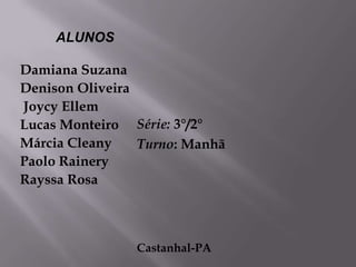 ALUNOS
Damiana Suzana
Denison Oliveira
Joycy Ellem
Lucas Monteiro Série: 3°/2°
Márcia Cleany
Turno: Manhã
Paolo Rainery
Rayssa Rosa

Castanhal-PA

 