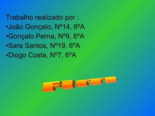 Trabalho realizado por :  João Gonçalo, Nº14, 6ºA Gonçalo Perna, Nº9, 6ºA Sara Santos, Nº19, 6ºA Diogo Costa, Nº7, 6ºA Fim 