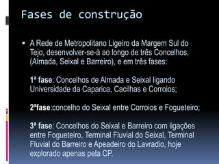 Fases de construção
 A Rede de Metropolitano Ligeiro da Margem Sul do
Tejo, desenvolver-se-à ao longo de três Concelhos,
(Almada, Seixal e Barreiro), e em três fases:
1ª fase: Concelhos de Almada e Seixal ligando
Universidade da Caparica, Cacilhas e Corroios;
2ªfase:concelho do Seixal entre Corroios e Fogueteiro;
3ª fase: Concelhos do Seixal e Barreiro com ligações
entre Fogueteiro, Terminal Fluvial do Seixal, Terminal
Fluvial do Barreiro e Apeadeiro do Lavradio, hoje
explorado apenas pela CP.
 