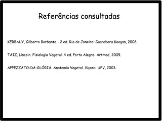 Referências consultadas

KERBAUY, Gilberto Barbante - 2 ed. Rio de Janeiro: Guanabara Koogan, 2008.
TAIZ, Lincoln. Fisiologia Vegetal. 4 ed. Porto Alegre: Artmed, 2009.
APPEZZATO-DA-GLÓRIA. Anatomia Vegetal. Viçosa: UFV, 2003.

 