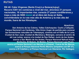 RN 40: Cabo Vírgenes (Santa Cruz)-La Quiaca(Jujuy):
Recorre 5301 km comienza a nivel del mar, atraviesa 21 parques
nacionales, 18 importantes ríos, conecta 27 pasos cordilleranos y
trepa a más de 5000 msnm en el Abra del Acay en Salta,
convirtiéndola en la ruta más alta de América y la más alta del
mundo, fuera de los Himalayas.
Atractivos:
San Antonio de los Cobres, Valles Calchaquíes: Cachi y Cafayate;
Parque Nacional Los Cardones, Villa Union (lugar de partida para conocer
las formaciones naturales de Talampaya), conecta con el Valle de la Luna,
Ciudad de San Juan, Ciudad de Mendoza y Malargüe, cercano al centro de
ski Las Leñas; acerca a la ciudad de San Rafael, Junín de los Andes;
acerca a San Martín de los Andes; Parque Nacional Nahuel Huapí,
Bariloche, El Bolsón, El Maitén, Parque Nacional Lago Puelo,
acerca al Parque Nacional Los Alerces y a Esquel, Cueva de las Manos,
acerca al Parque Nacional Perito Moreno (empalme con RP 37),
acerca a El Calafate y al Parque Nacional Los Glaciares, Río Gallegos.
RUTASRUTAS
 
