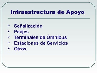  Señalización
 Peajes
 Terminales de Ómnibus
 Estaciones de Servicios
 Otros
Infraestructura de Apoyo
 