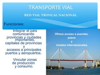 Integrar el país
comunicando
provincias y ciudades
importantes,
capitales de provincias
y
accesos a principales
puertos y aeropuertos.
Vincular zonas
de producción
y consumo.
TRANSPORTE VIAL
RED VIAL TRONCAL NACIONAL
Funciones:
Ofrece acceso a puentes,
pasos
y
túneles internacionales.
 