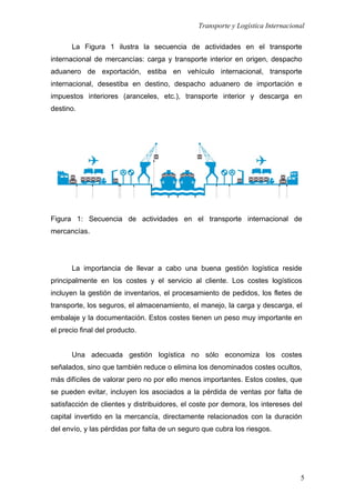 Transporte y Logística Internacional
5
La Figura 1 ilustra la secuencia de actividades en el transporte
internacional de mercancías: carga y transporte interior en origen, despacho
aduanero de exportación, estiba en vehículo internacional, transporte
internacional, desestiba en destino, despacho aduanero de importación e
impuestos interiores (aranceles, etc.), transporte interior y descarga en
destino.
Figura 1: Secuencia de actividades en el transporte internacional de
mercancías.
La importancia de llevar a cabo una buena gestión logística reside
principalmente en los costes y el servicio al cliente. Los costes logísticos
incluyen la gestión de inventarios, el procesamiento de pedidos, los fletes de
transporte, los seguros, el almacenamiento, el manejo, la carga y descarga, el
embalaje y la documentación. Estos costes tienen un peso muy importante en
el precio final del producto.
Una adecuada gestión logística no sólo economiza los costes
señalados, sino que también reduce o elimina los denominados costes ocultos,
más difíciles de valorar pero no por ello menos importantes. Estos costes, que
se pueden evitar, incluyen los asociados a la pérdida de ventas por falta de
satisfacción de clientes y distribuidores, el coste por demora, los intereses del
capital invertido en la mercancía, directamente relacionados con la duración
del envío, y las pérdidas por falta de un seguro que cubra los riesgos.
 