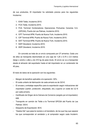 Transporte y Logística Internacional
65
de sus productos. El importador ha solicitado precios para los siguientes
Incoterms:
1. EXW Telde, Incoterms 2010.
2. FCA Telde, Incoterms 2010.
3. FCA Terminal Contenedores Operaciones Portuarias Canarias S.A.
(OPCSA), Puerto de Las Palmas, Incoterms 2010.
4. CPT Terminal APM, Puerto de Nueva York, Incoterms 2010.
5. CIP Terminal APM, Puerto de Nueva York, Incoterms 2010.
6. DAT Terminal APM, Puerto de Nueva York, Incoterms 2010.
7. DAP Cleveland, Incoterms 2010.
8. DDP Cleveland, Incoterms 2010.
En concreto se trata de un envío compuesto por 27 armarios. Cada uno
de ellos se transporta desmontado en una caja de 1,25 x 0,75 x 2,5 metros
(largo x ancho x alto) y de 210 kg de peso bruto. El envío se va a transportar
desde el almacén del exportador hasta el del importador en un contenedor de
40 pies.
El resto de datos de la operación son los siguientes:
- Margen de beneficio aplicable a la operación: 30%.
- El coste unitario de fabricación de cada armario es de 323 €.
- El envase y embalaje específico para la exportación según indicaciones del
importador (cartón, protección, etiquetado, etc.) supone un coste de 3,2 €
por cada armario.
- Certificado de Origen de la Cámara de Comercio (exigido por el importador):
60€.
- Transporte en camión de Telde a la Terminal OPCSA del Puerto de Las
Palmas: 335 €.
- Despacho de Exportación: 90 €.
- “Gastos fob” que pasa la naviera o el transitario, de los que hay que separar
los que corresponden al vendedor y al comprador según cada Incoterm:
 
