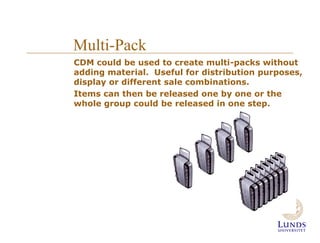 Multi-Pack
CDM could be used to create multi-packs without
adding material. Useful for distribution purposes,
display or different sale combinations.
Items can then be released one by one or the
whole group could be released in one step.

 