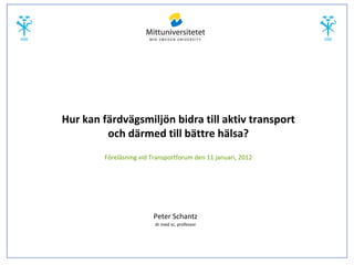 Hur kan färdvägsmiljön bidra till aktiv transport 
         och därmed till bättre hälsa?
         Föreläsning vid Transportforum den 11 januari, 2012




                         Peter Schantz
                          dr med sc, professor
 