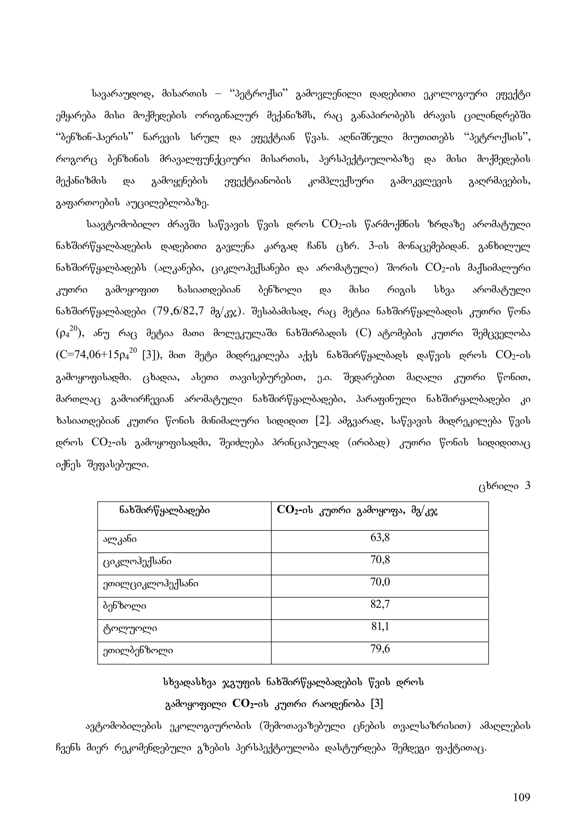 109
savaraudod, misarTis – “petroqsi” gamovlenili dadebiTi ekologiuri efeqti
emyareba misi moqmedebis originalur meqanizms, rac ganapirobebs Zravis cilindrebSi
“benzin-haeris” narevis srul da efeqtian wvas. aRniSnuli miuTiTebs “petroqsis”,
rogorc benzinis mravalfunqciuri misarTis, perspeqtiulobaze da misi moqmedebis
meqanizmis da gamoyenebis efeqtianobis kompleqsuri gamokvlevis gaRrmavebis,
gafarToebis aucileblobaze.
saavtomobilo ZravSi sawvavis wvis dros CO2-is warmoqmnis zrdaze aromatuli
naxSirwyalbadebis dadebiTi gavlena kargad Cans cxr. 3-is monacemebidan. ganxilul
naxSirwyalbadebs (alkanebi, cikloheqsanebi da aromatuli) Soris CO2-is maqsimaluri
kuTri gamoyofiT xasiaTdebian benzoli da misi rigis sxva aromatuli
naxSirwyalbadebi (79,6/82,7 mg/kj). Sesabamisad, rac metia naxSirwyalbadis kuTri wona
(ρ4
20
), anu rac metia maTi molekulaSi naxSirbadis (C) atomebis kuTri Semcveloba
(C=74,06+15ρ4
20
[3]), miT meti midrekileba aqvs naxSirwyalbads dawvis dros CO2-is
gamoyofisadmi. cxadia, aseTi TaviseburebiT, e.i. SedarebiT maRali kuTri woniT,
marTlac gamoirCevian aromatuli naxSirwyalbadebi, parafinuli naxSiryalbadebi ki
xasiaTdebian kuTri wonis minimaluri sididiT [2]. amgvarad, sawvavis midrekileba wvis
dros CO2-is gamoyofisadmi, SeiZleba principulad (iribad) kuTri wonis sididiTac
iqnes Sefasebuli.
cxrili 3
sxvadasxva jgufis naxSirwyalbadebis wvis dros
Ggamoyofili CO2-is kuTri raodenoba [3]
avtomobilebis ekologiurobis (SemoTavazebuli cnebis TvalsazrisiT) amaRlebis
Cvens mier rekomendebuli gzebis perspeqtiuloba dasturdeba Semdegi faqtiTac.
naxSirwyalbadebi CO2-is kuTri gamoyofa, mg/kj
alkani 63,8
cikloheqsani 70,8
eTilcikloheqsani 70,0
benzoli 82,7
toluoli 81,1
eTilbenzoli 79,6
 