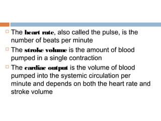  The heart rate, also called the pulse, is the
number of beats per minute
 The stroke volume is the amount of blood
pumped in a single contraction
 The cardiac output is the volume of blood
pumped into the systemic circulation per
minute and depends on both the heart rate and
stroke volume
 