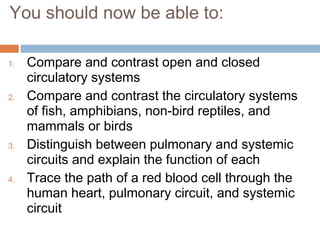 You should now be able to:
1. Compare and contrast open and closed
circulatory systems
2. Compare and contrast the circulatory systems
of fish, amphibians, non-bird reptiles, and
mammals or birds
3. Distinguish between pulmonary and systemic
circuits and explain the function of each
4. Trace the path of a red blood cell through the
human heart, pulmonary circuit, and systemic
circuit
 