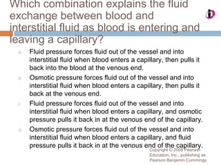 Copyright © 2008 Pearson
Education, Inc., publishing as
Pearson Benjamin Cummings.
Which combination explains the fluid
exchange between blood and
interstitial fluid as blood is entering and
leaving a capillary?
a. Fluid pressure forces fluid out of the vessel and into
interstitial fluid when blood enters a capillary, then pulls it
back into the blood at the venous end.
b. Osmotic pressure forces fluid out of the vessel and into
interstitial fluid when blood enters a capillary, then pulls it
back at the venous end.
c. Fluid pressure forces fluid out of the vessel and into
interstitial fluid when blood enters a capillary, and osmotic
pressure pulls it back in at the venous end of the capillary.
d. Osmotic pressure forces fluid out of the vessel and into
interstitial fluid when blood enters a capillary, and fluid
pressure pulls it back in at the venous end of the capillary.
 