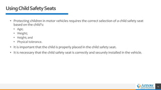 UsingChildSafetySeats
• Protecting children in motor vehicles requires the correct selection of a child safety seat
based on the child’s:
• Age;
• Weight;
• Height; and
• Physical tolerance.
• It is important that the child is properly placed in the child safety seat.
• It is necessary that the child safety seat is correctly and securely installed in the vehicle.
14
 