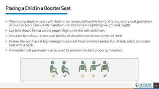 PlacingaChildinaBoosterSeat
• When using booster seats with built-in harnesses, follow the forward-facing safety seat guidelines
and use in accordance with manufacturer instructions regarding weight and height.
• Lap belt should lie flat across upper thighs, not the soft abdomen.
• Shoulder belt should cross over middle of shoulder and across center of chest.
• Ensure the seat back is high enough to provide head and neck protection. If not, select a booster
seat with a back.
• A shoulder belt positioner can be used to position the belt properly, if needed.
30
 