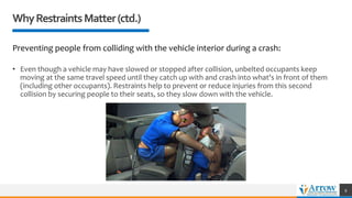 WhyRestraintsMatter(ctd.)
Preventing people from colliding with the vehicle interior during a crash:
• Even though a vehicle may have slowed or stopped after collision, unbelted occupants keep
moving at the same travel speed until they catch up with and crash into what's in front of them
(including other occupants). Restraints help to prevent or reduce injuries from this second
collision by securing people to their seats, so they slow down with the vehicle.
9
 