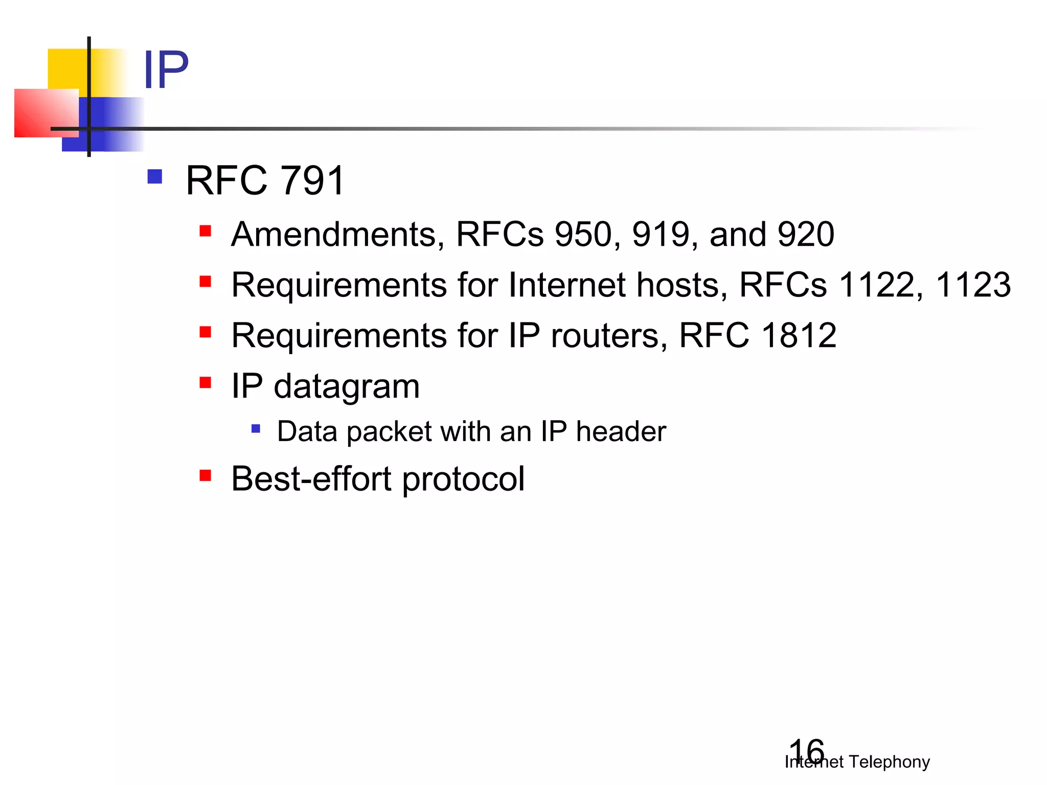 IP


RFC 791





Amendments, RFCs 950, 919, and 920
Requirements for Internet hosts, RFCs 1122, 1123
Requirements for IP routers, RFC 1812
IP datagram




Data packet with an IP header

Best-effort protocol

16

Internet Telephony

 