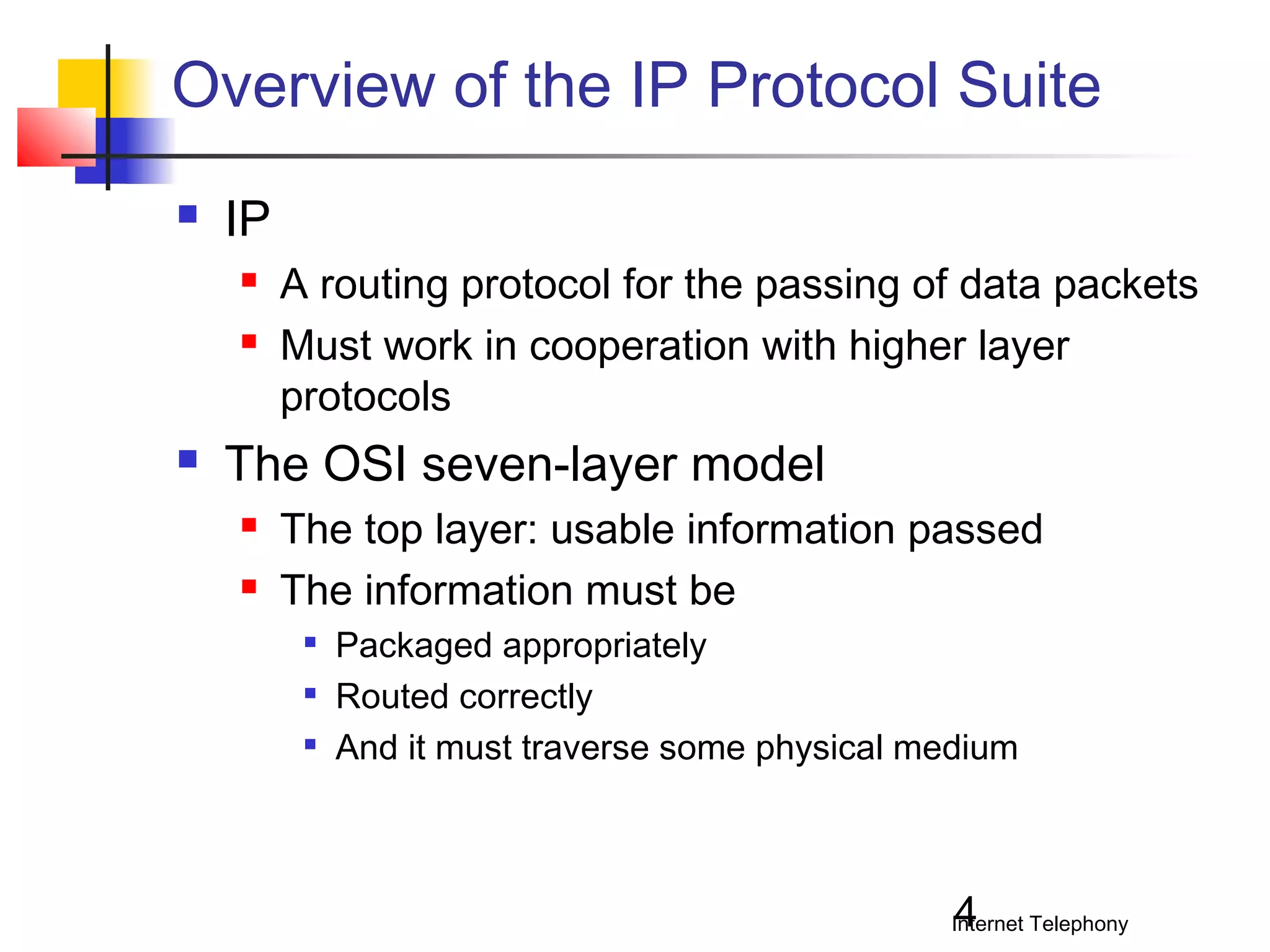 Overview of the IP Protocol Suite


IP





A routing protocol for the passing of data packets
Must work in cooperation with higher layer
protocols

The OSI seven-layer model



The top layer: usable information passed
The information must be




Packaged appropriately
Routed correctly
And it must traverse some physical medium

4

Internet Telephony

 