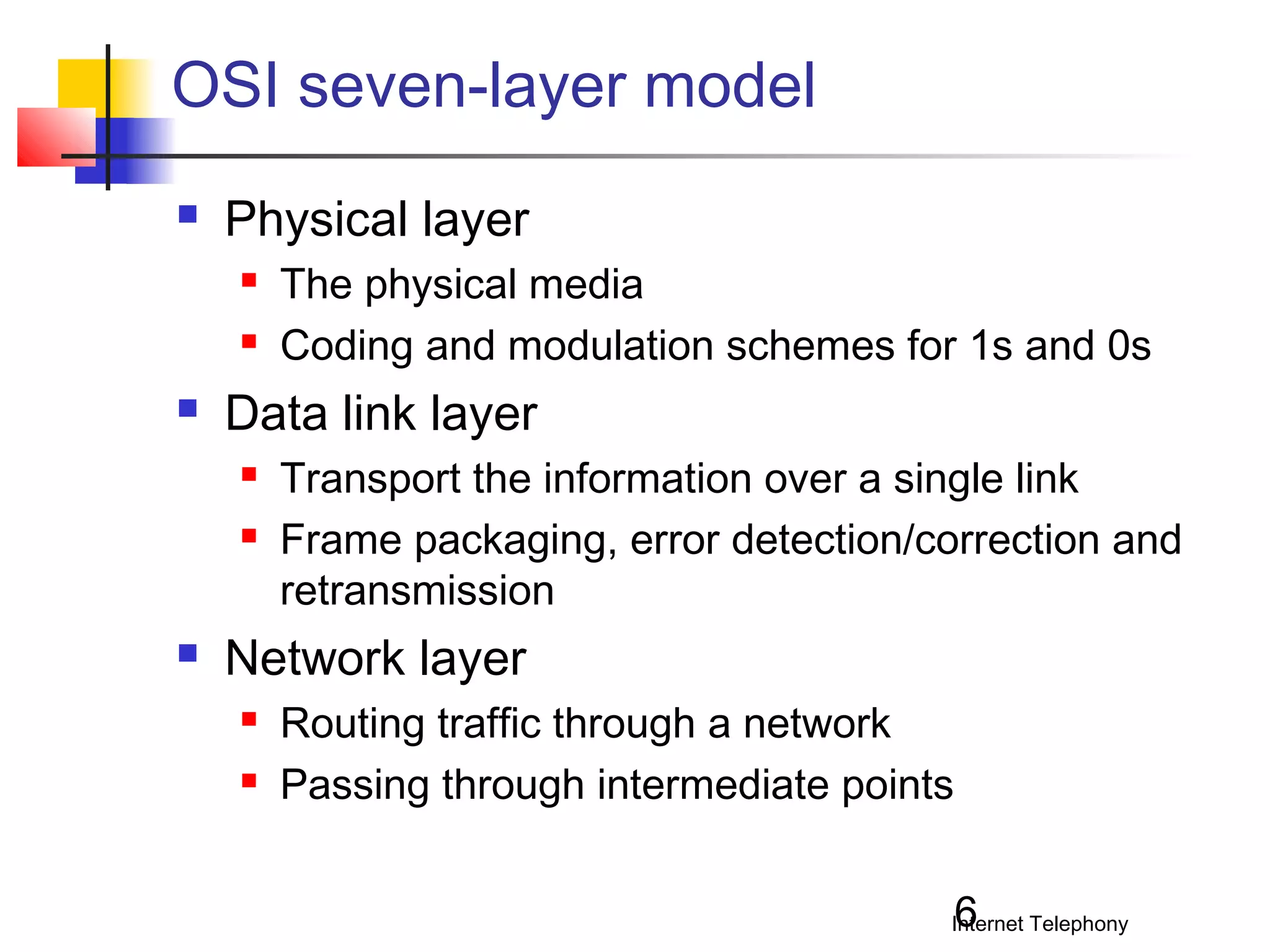 OSI seven-layer model


Physical layer





Data link layer





The physical media
Coding and modulation schemes for 1s and 0s
Transport the information over a single link
Frame packaging, error detection/correction and
retransmission

Network layer



Routing traffic through a network
Passing through intermediate points
6

Internet Telephony

 