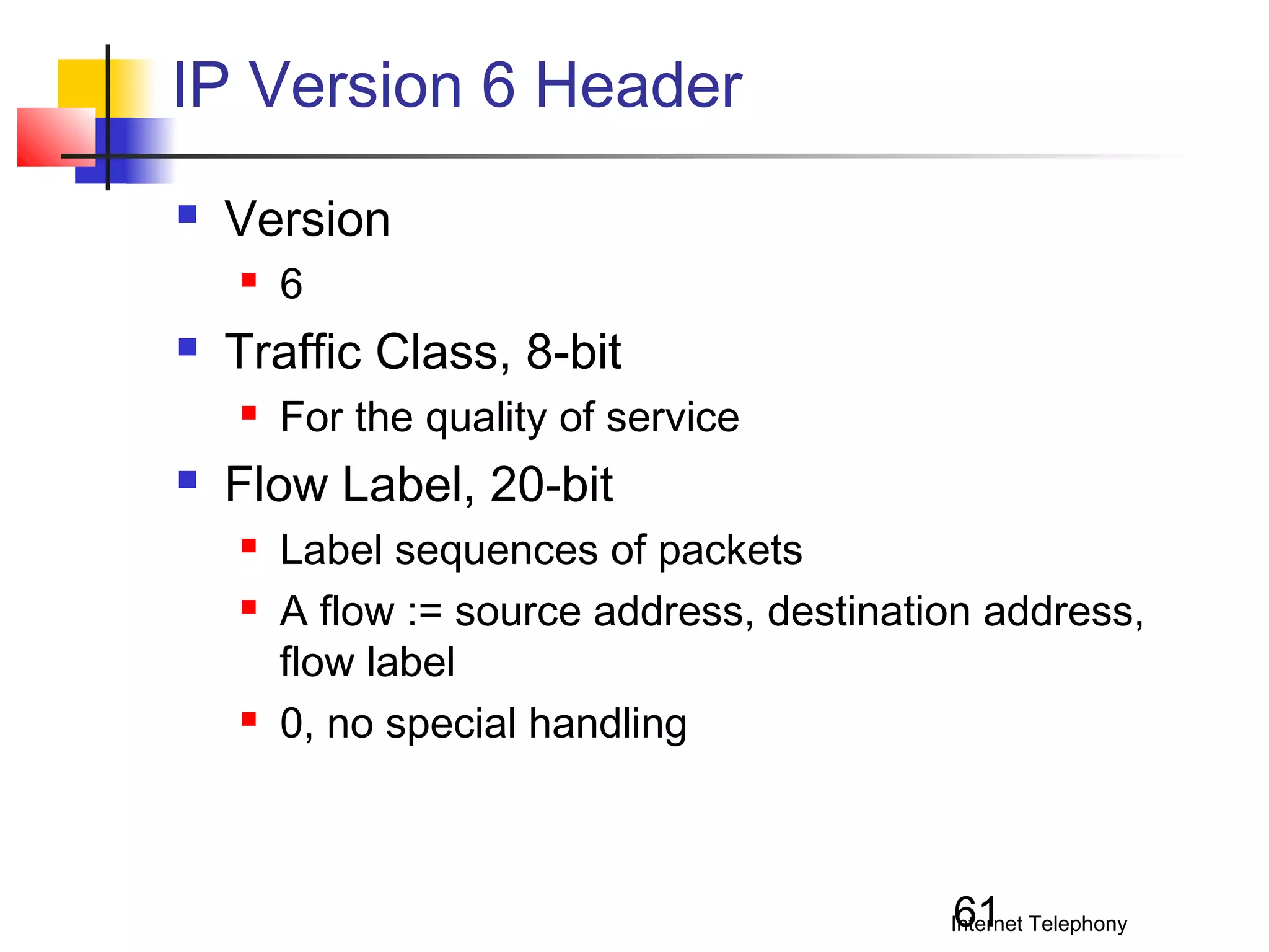 IP Version 6 Header


Version




Traffic Class, 8-bit




6
For the quality of service

Flow Label, 20-bit





Label sequences of packets
A flow := source address, destination address,
flow label
0, no special handling

61

Internet Telephony

 