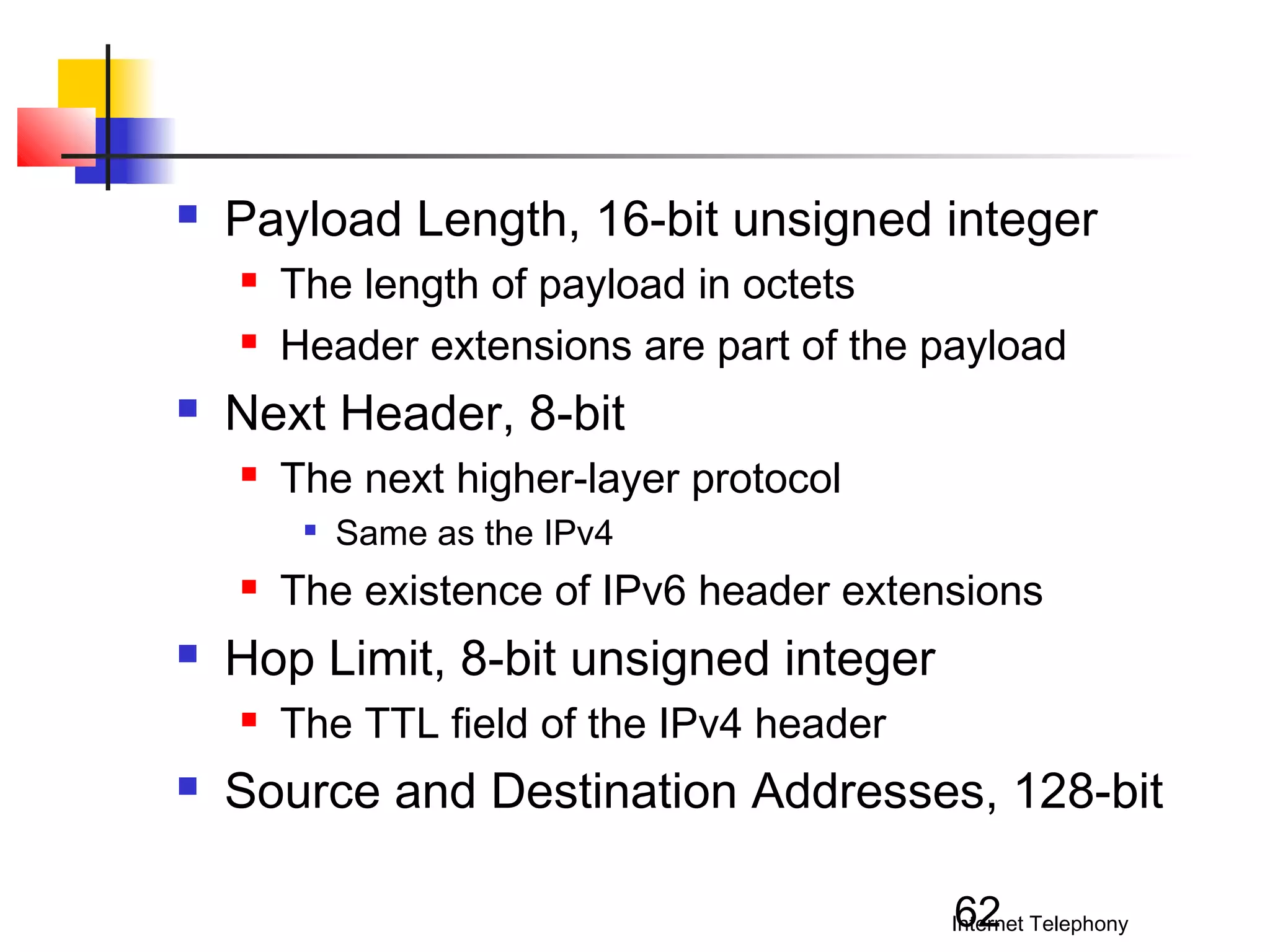

Payload Length, 16-bit unsigned integer





The length of payload in octets
Header extensions are part of the payload

Next Header, 8-bit


The next higher-layer protocol






The existence of IPv6 header extensions

Hop Limit, 8-bit unsigned integer




Same as the IPv4

The TTL field of the IPv4 header

Source and Destination Addresses, 128-bit
62

Internet Telephony

 