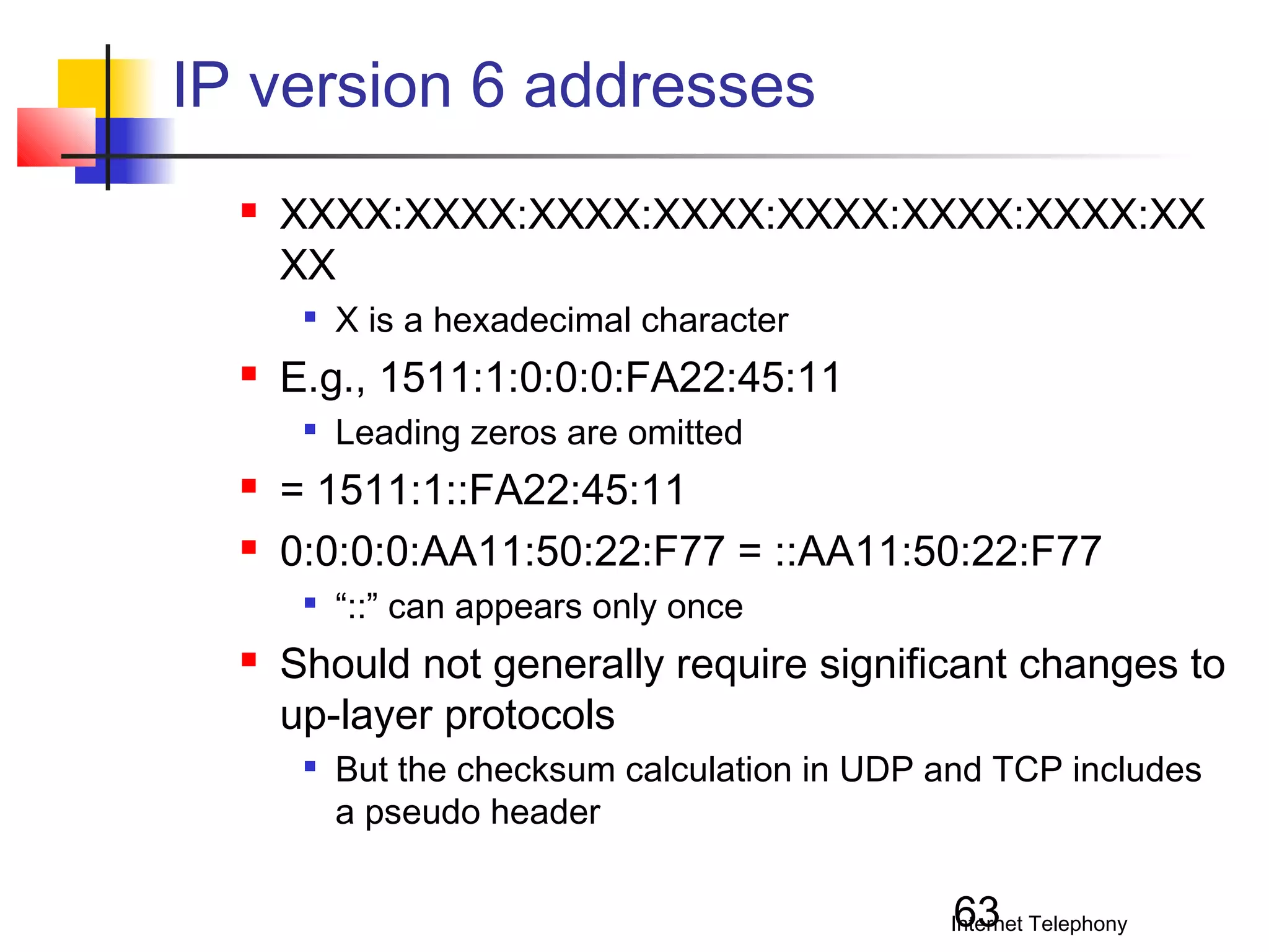 IP version 6 addresses


XXXX:XXXX:XXXX:XXXX:XXXX:XXXX:XXXX:XX
XX




E.g., 1511:1:0:0:0:FA22:45:11





Leading zeros are omitted

= 1511:1::FA22:45:11
0:0:0:0:AA11:50:22:F77 = ::AA11:50:22:F77




X is a hexadecimal character

“::” can appears only once

Should not generally require significant changes to
up-layer protocols


But the checksum calculation in UDP and TCP includes
a pseudo header

63

Internet Telephony

 