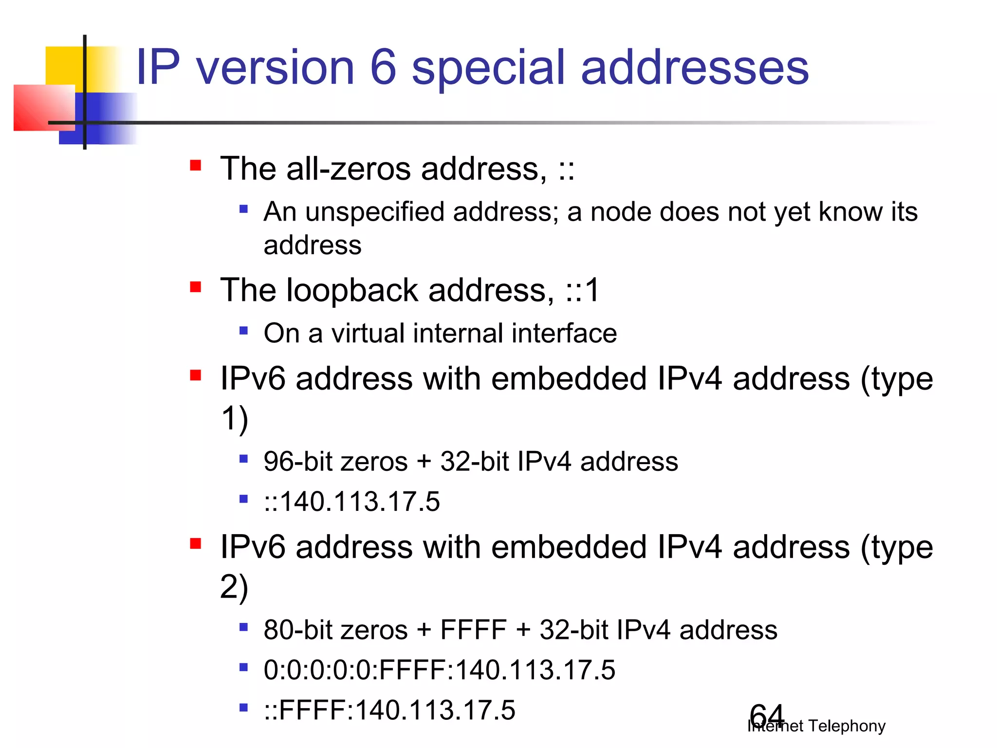 IP version 6 special addresses


The all-zeros address, ::




The loopback address, ::1




On a virtual internal interface

IPv6 address with embedded IPv4 address (type
1)





An unspecified address; a node does not yet know its
address

96-bit zeros + 32-bit IPv4 address
::140.113.17.5

IPv6 address with embedded IPv4 address (type
2)




80-bit zeros + FFFF + 32-bit IPv4 address
0:0:0:0:0:FFFF:140.113.17.5
::FFFF:140.113.17.5
64
Internet Telephony

 